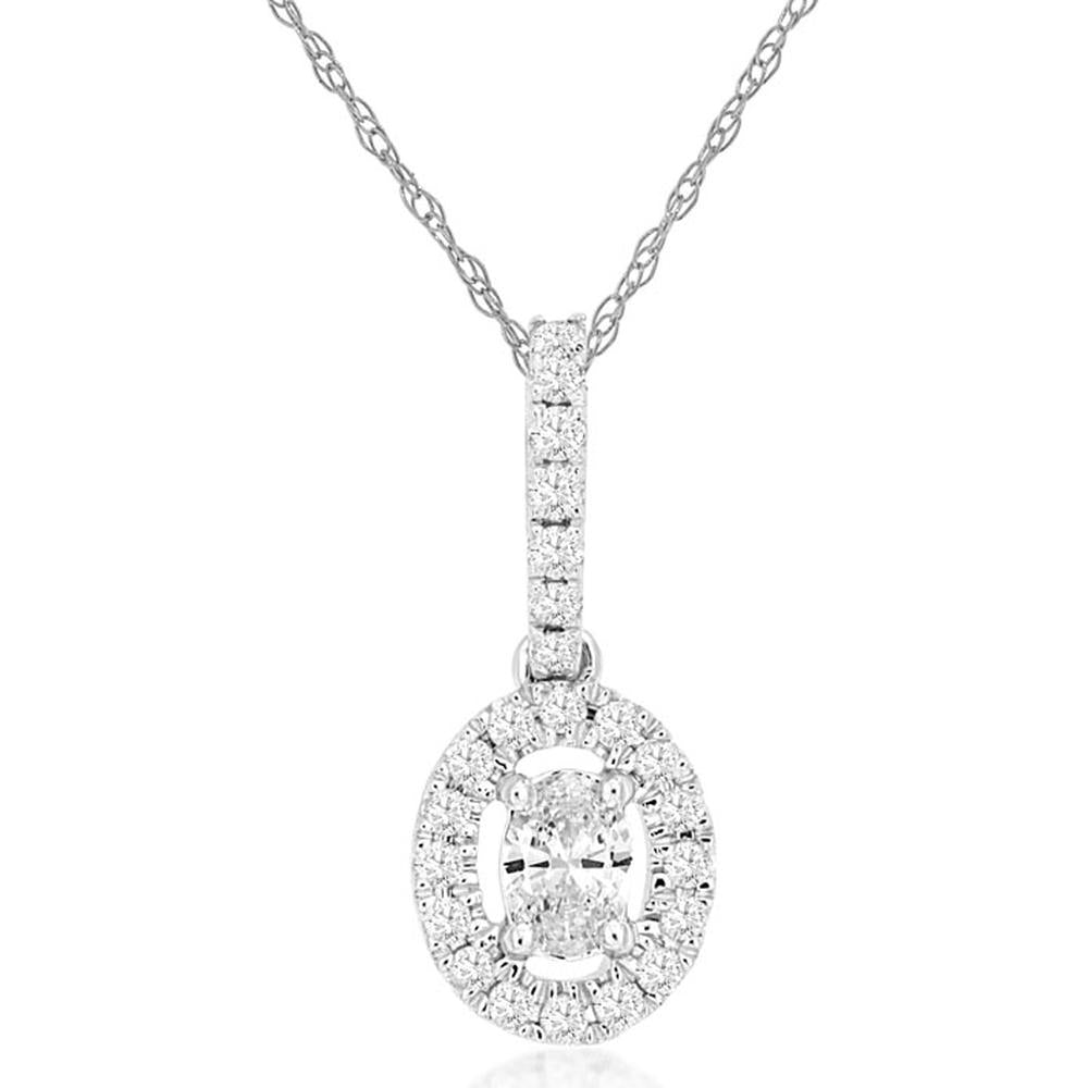 14K White Gold Diamond Pendant with Oval Cut Center Stone and Double Halo Design - 0.30 Carat Total Diamond Weight - Royal Jewelry