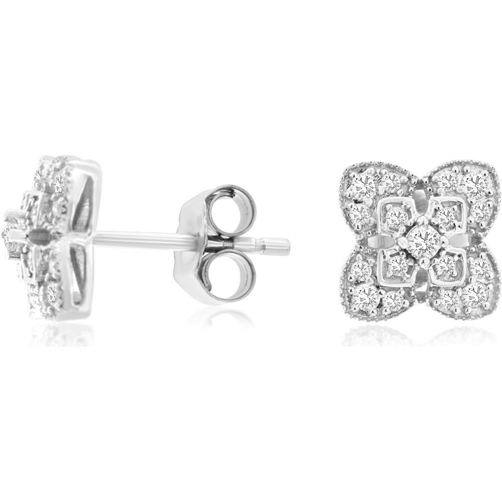 14K White Gold Diamond Petal Stud Earrings with Round Cut Diamonds - 0.24 Carats Total Diamond Weight