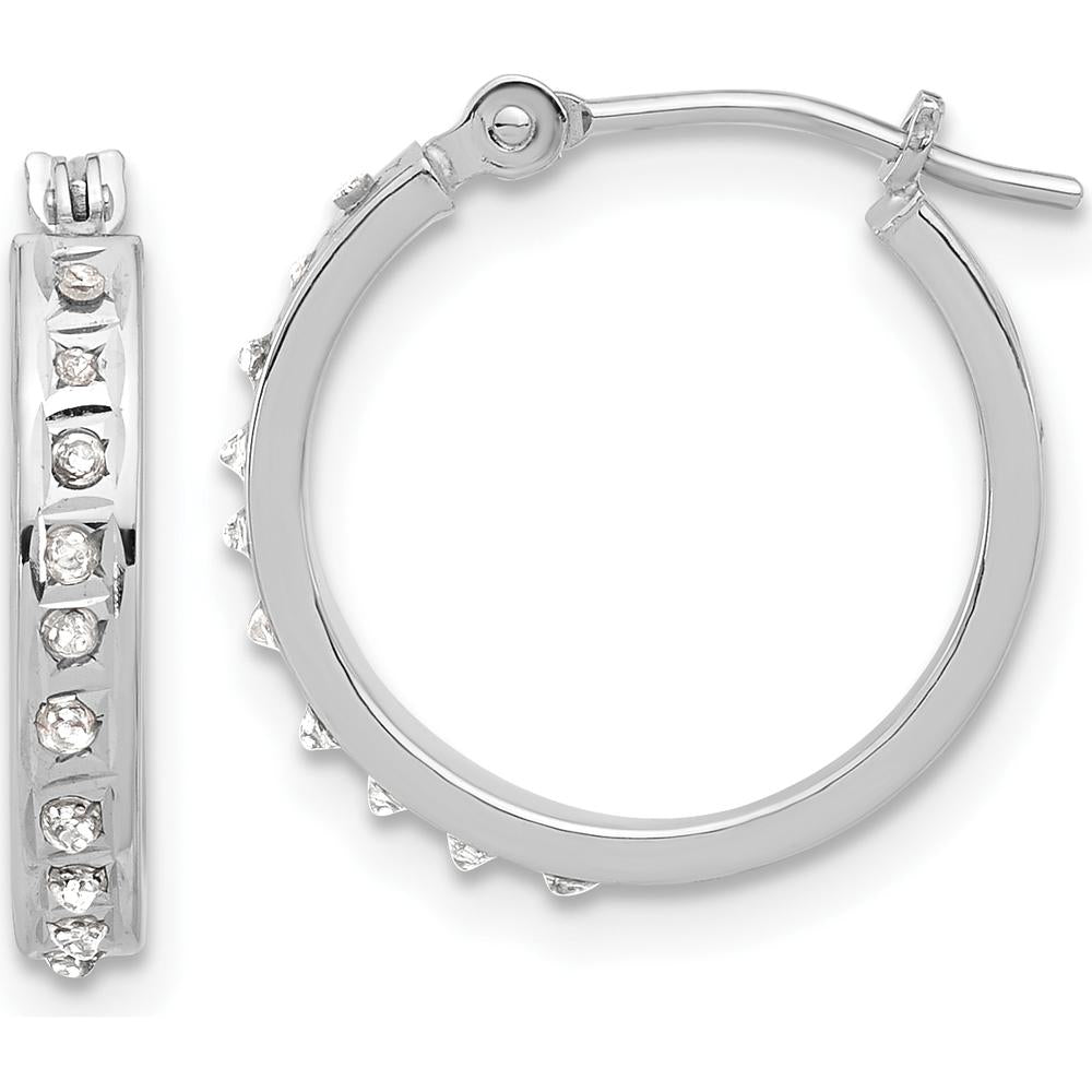 14K White Gold Diamond Polished Hoop Earrings - 0.01 Carats Total Diamond Weight by Oro Pregiato