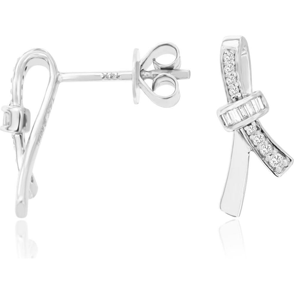 14K White Gold Diamond Ribbon Earrings with Baguette and Round Cut Diamonds - 0.14 Carat Total Weight - Royal Jewelry