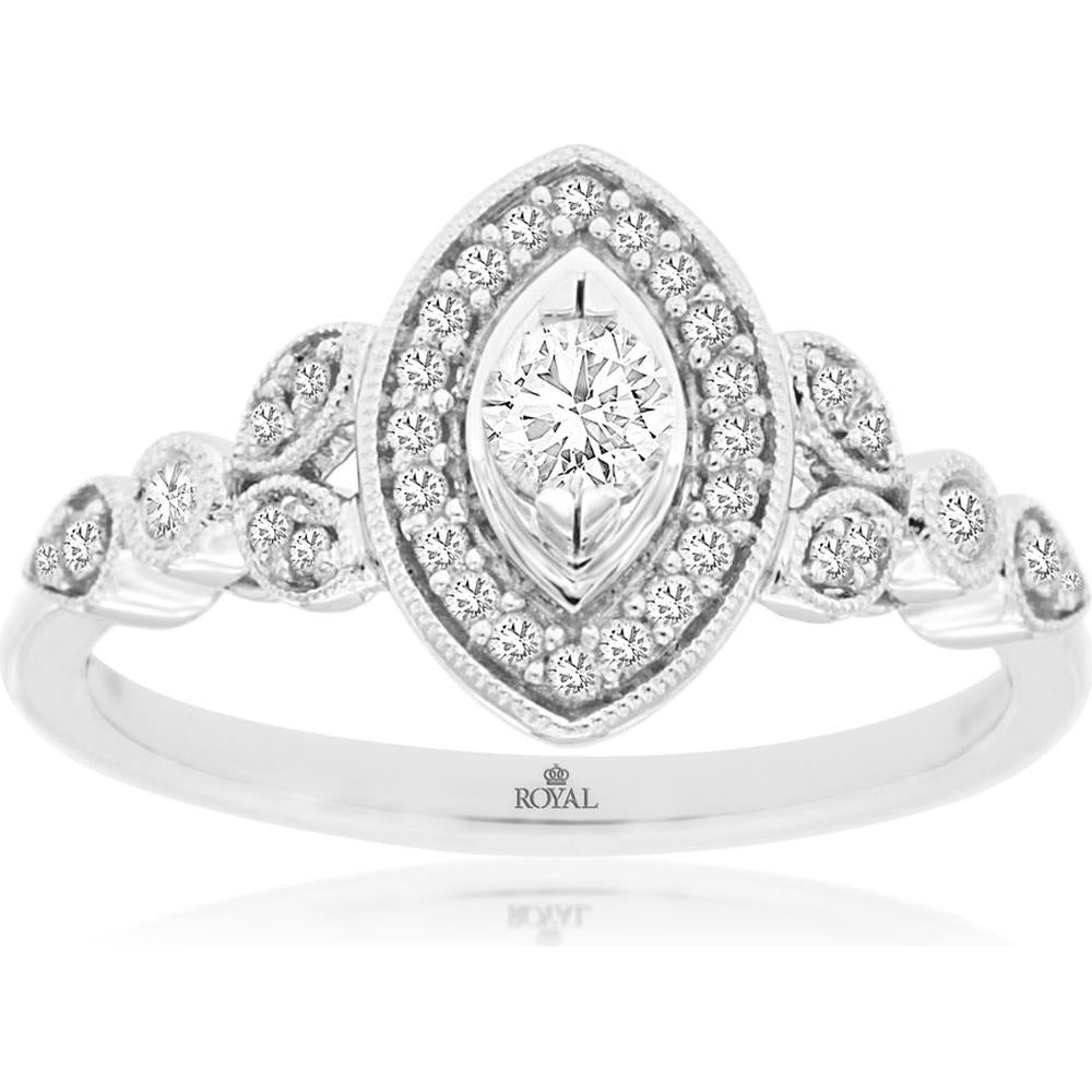14K White Gold Diamond Ring with Marquise-Shaped Halo and Milgrain Detailing - 0.33 Carats Total Diamond Weight
