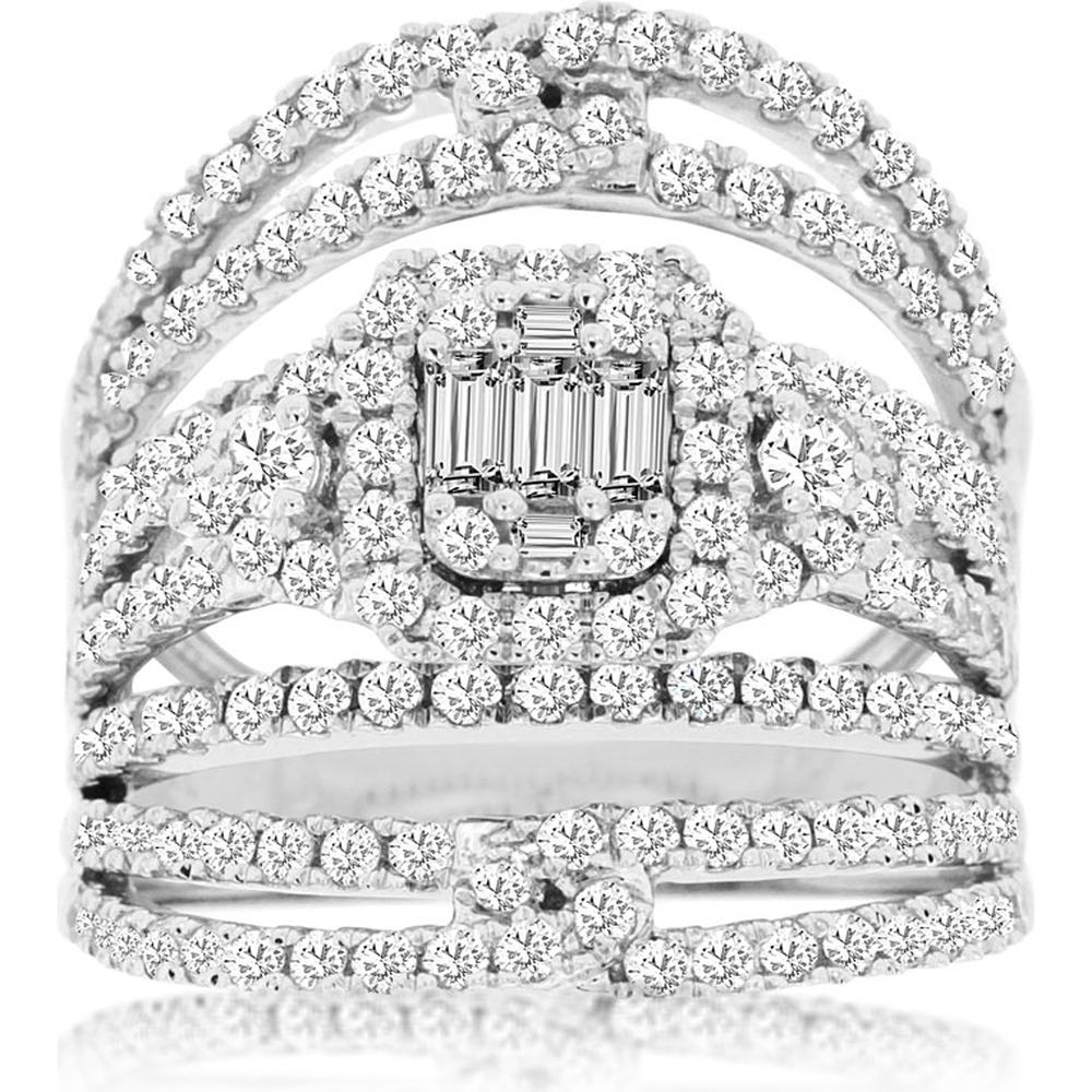 14K White Gold Diamond Ring with Pave-Set Round and Emerald Cut Diamonds - 2.00 Carats Total Diamond Weight
