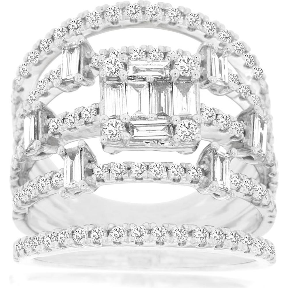 14K White Gold Diamond Ring with Round and Emerald-Cut Diamonds - 1.67 Carats Total Diamond Weight