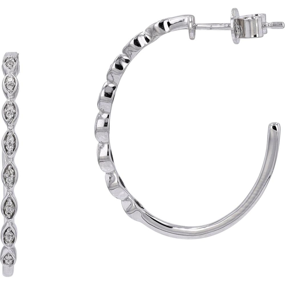 14K White Gold Diamond Scalloped Hoop Earrings - 0.12 Carat Total Diamond Weight