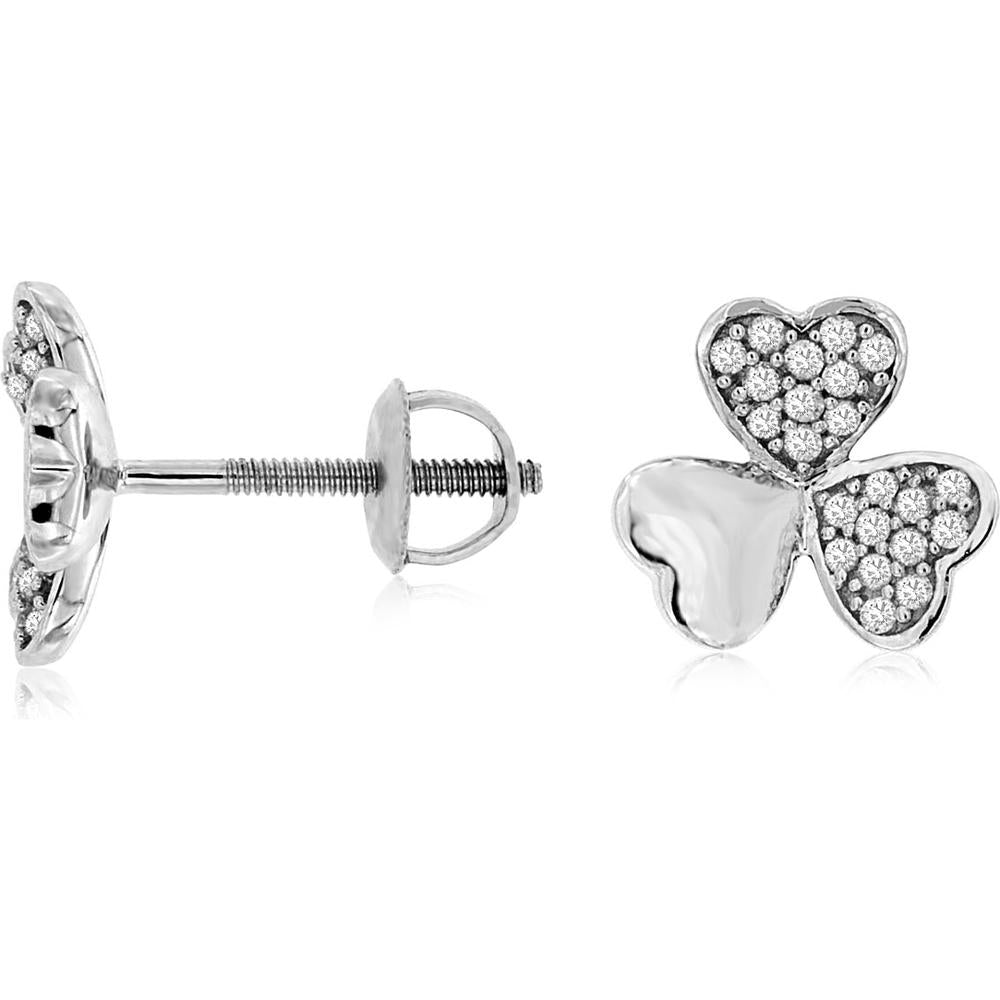 14K White Gold Diamond Shamrock Stud Earrings with Pavé Set Round Diamonds - 0.14 Carat Total Diamond Weight - Royal Jewelry