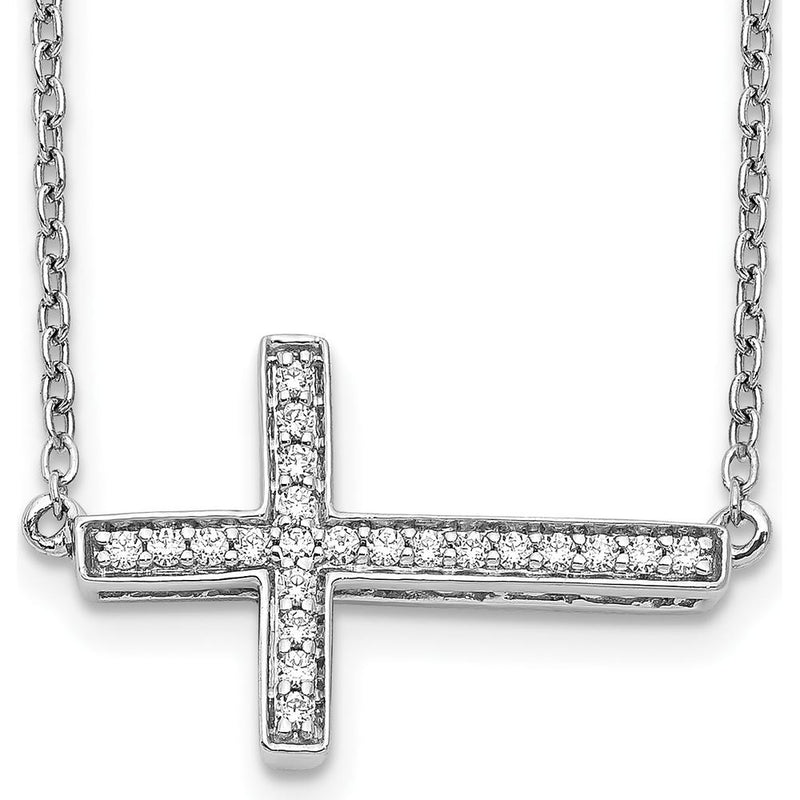 14K White Gold Diamond Sideways Cross Necklace with 22 Round Diamonds - 0.006 Carat Total Diamond Weight by Monteluci Fine Jewelry