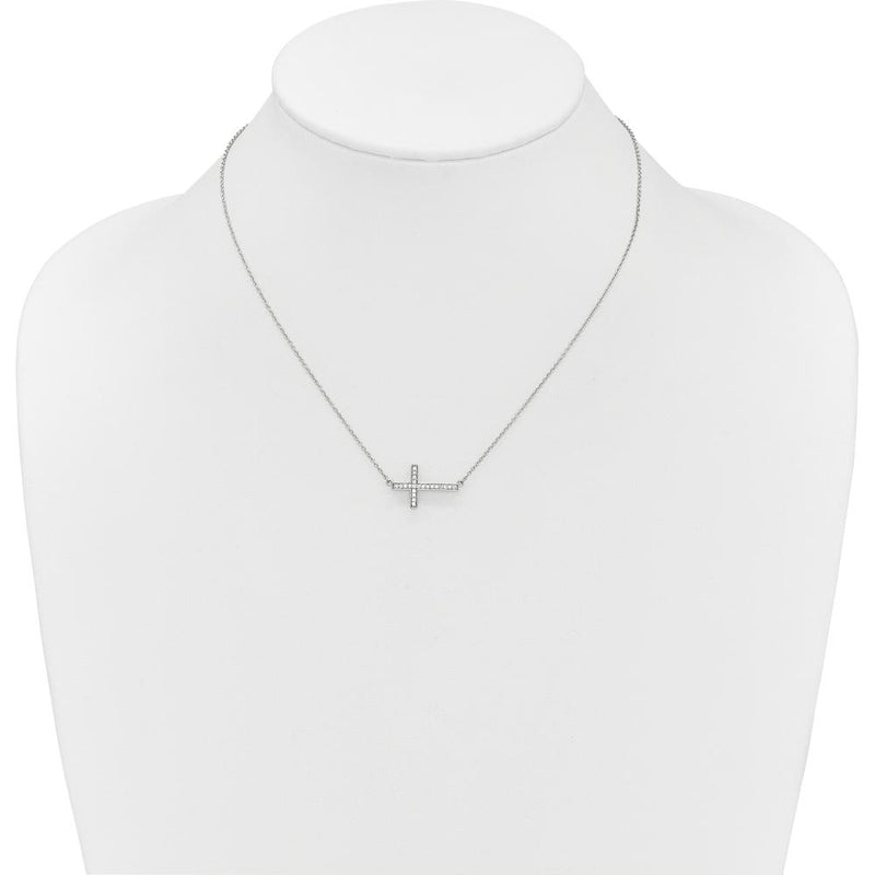 14K White Gold Diamond Sideways Cross Necklace with 22 Round Diamonds - 0.006 Carat Total Diamond Weight by Monteluci Fine Jewelry