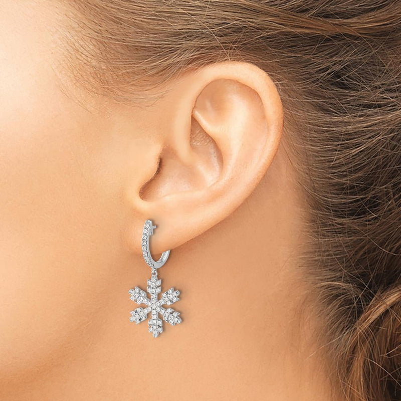 14K White Gold Diamond Snowflake Drop Earrings with 18 Round Diamonds - 0.028 Carat Total Diamond Weight by Monteluci Fine Jewelry