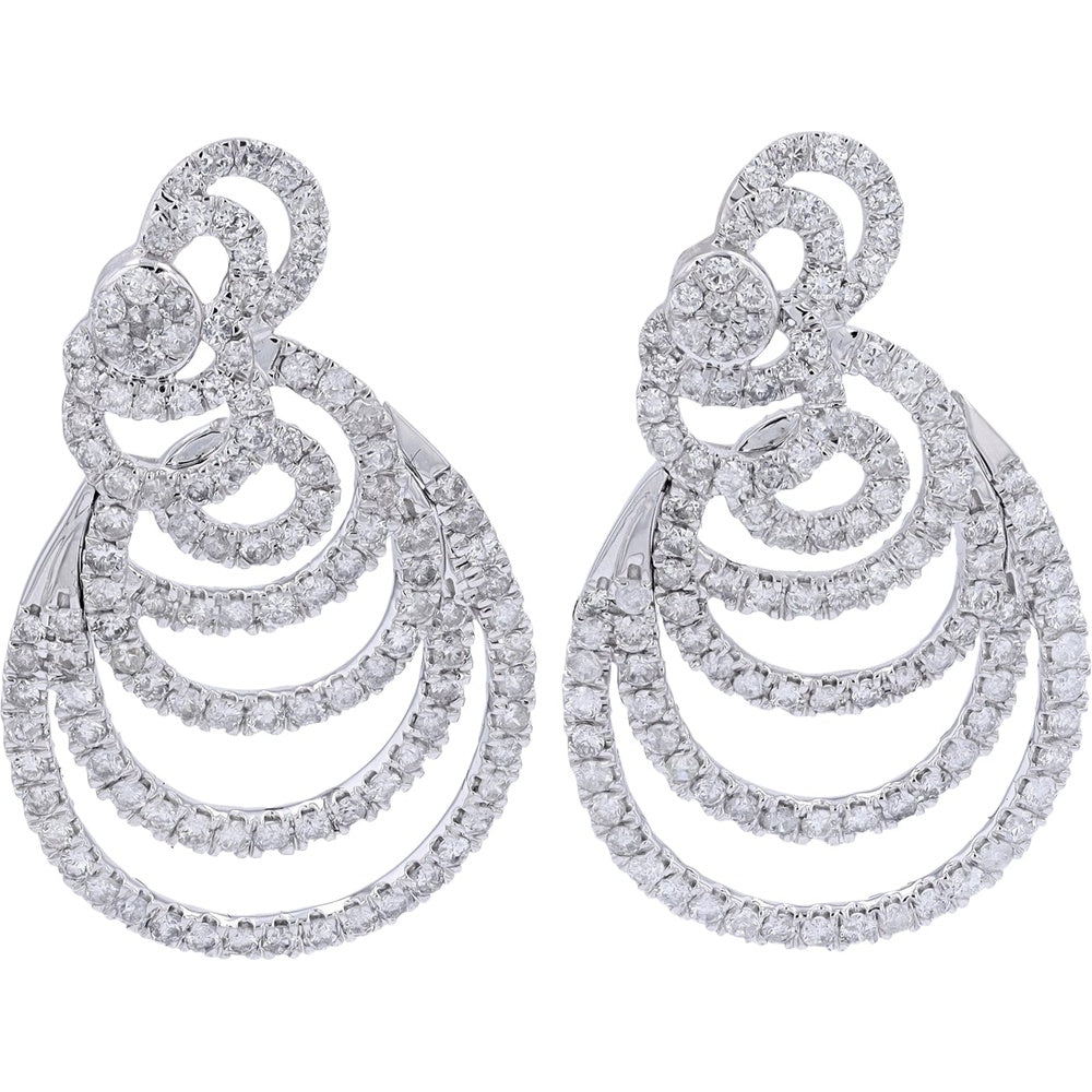 14K White Gold Diamond Spiral Statement Drop Earrings with Prong-Set Round Diamonds - 7.00 Carat Total Diamond Weight