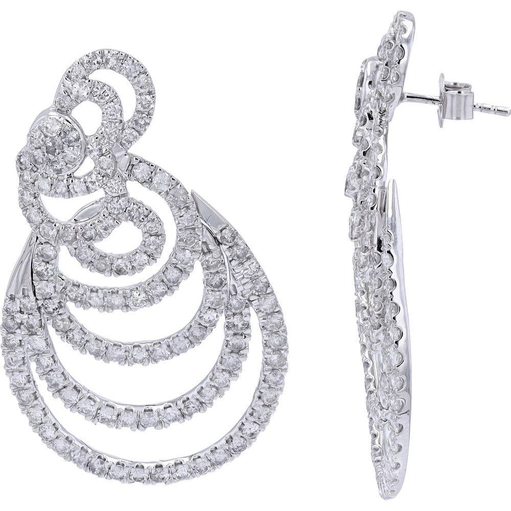 14K White Gold Diamond Spiral Statement Drop Earrings with Prong-Set Round Diamonds - 7.00 Carat Total Diamond Weight