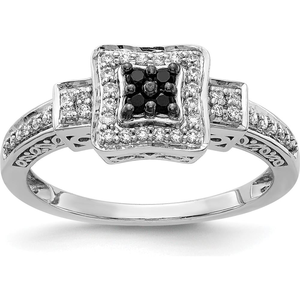 14K White Gold Diamond Square Ring with Black and White Diamonds - 0.65 Carat Total Diamond Weight by 0