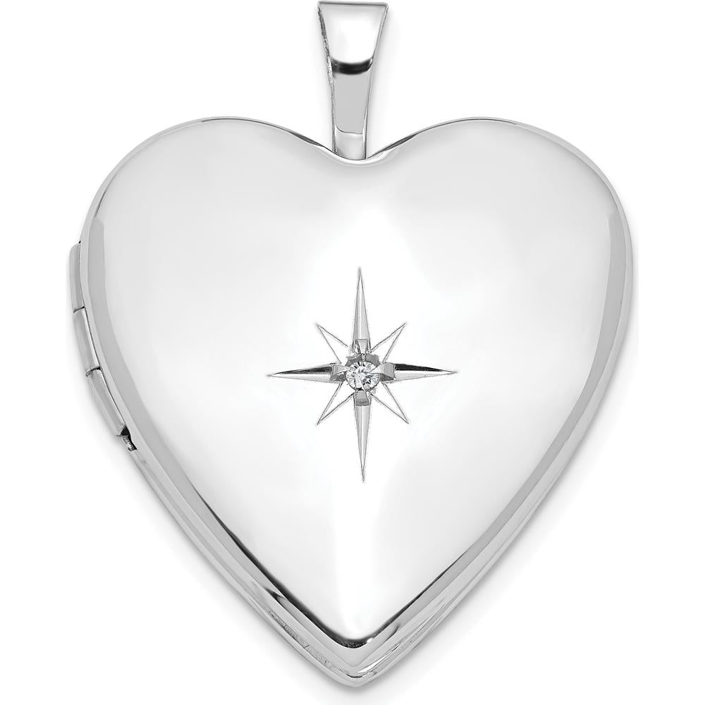 14K White Gold Diamond Star 20mm Heart Locket with Rhodium Plating - 0.010 ctw Diamond Weight by Monteluci Fine Jewelry