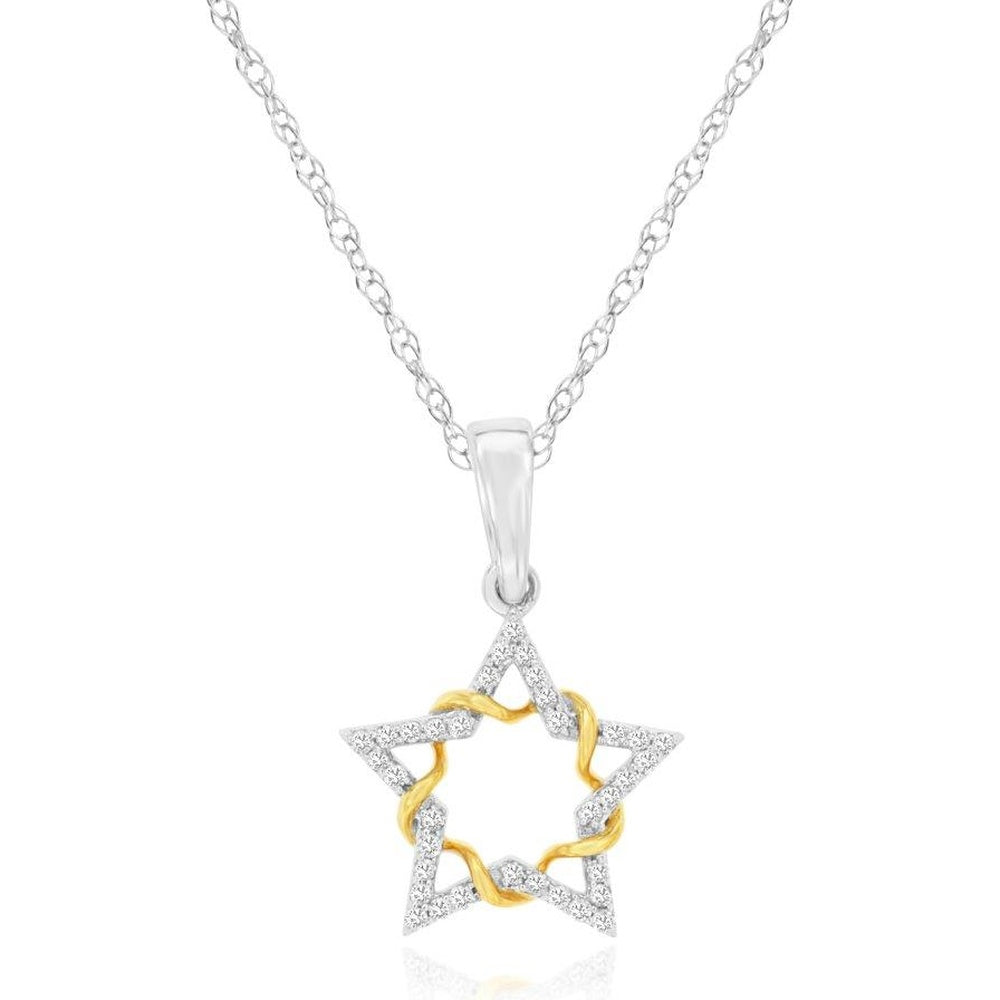 14K White Gold Diamond Star Pendant with Swirling Gold Accent and Prong-Set Round Diamonds - 0.07 Carat Total Diamond Weight - Royal Jewelry