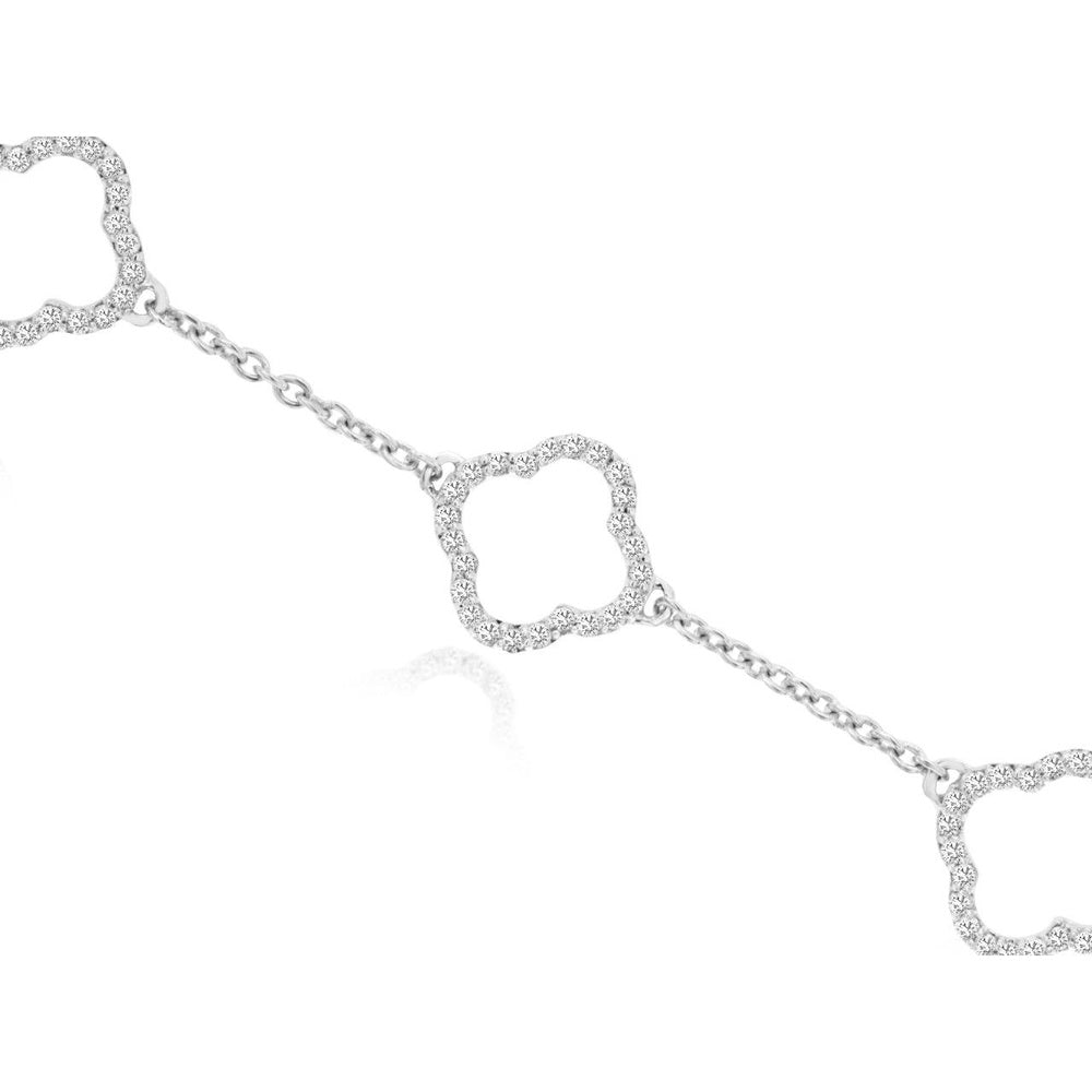 14K White Gold Diamond Station Bracelet with Clover Motif Links - 0.22 Carat Total Diamond Weight - Royal Jewelry