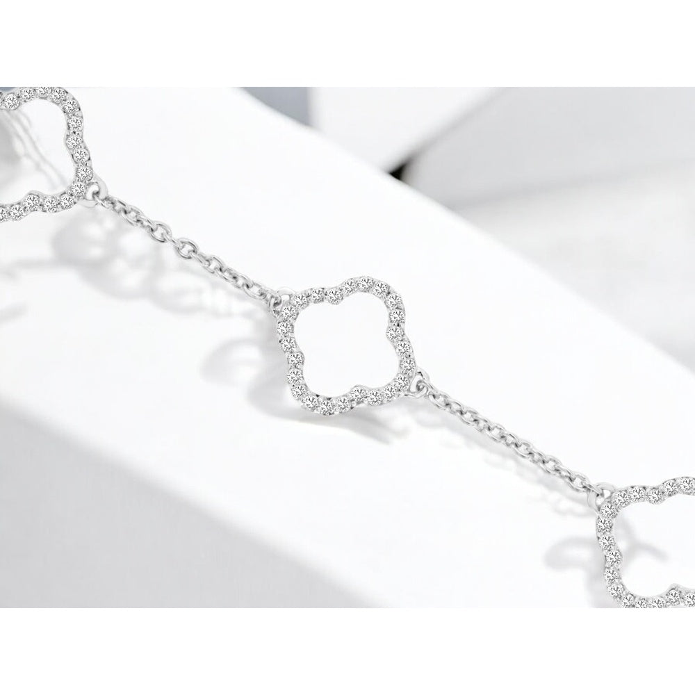 14K White Gold Diamond Station Bracelet with Clover Motif Links - 0.22 Carat Total Diamond Weight - Royal Jewelry