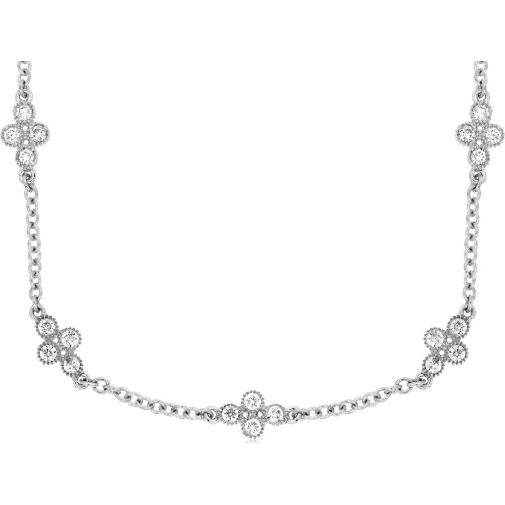 14K White Gold Diamond Station Necklace with Floral Motif - 0.72 Carats Total Diamond Weight