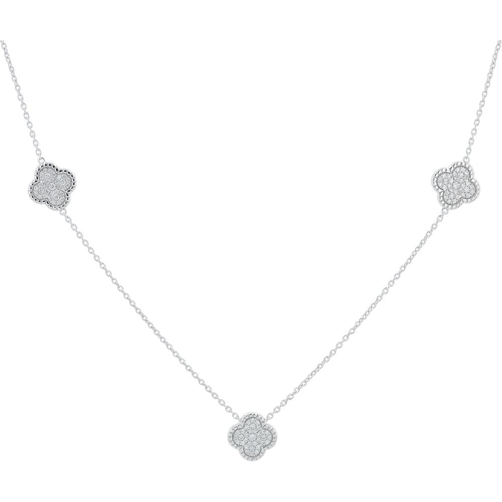 14K White Gold Diamond Station Necklace with Milgrain-Set Diamond Flower Stations - 0.35 Carat Total Diamond Weight