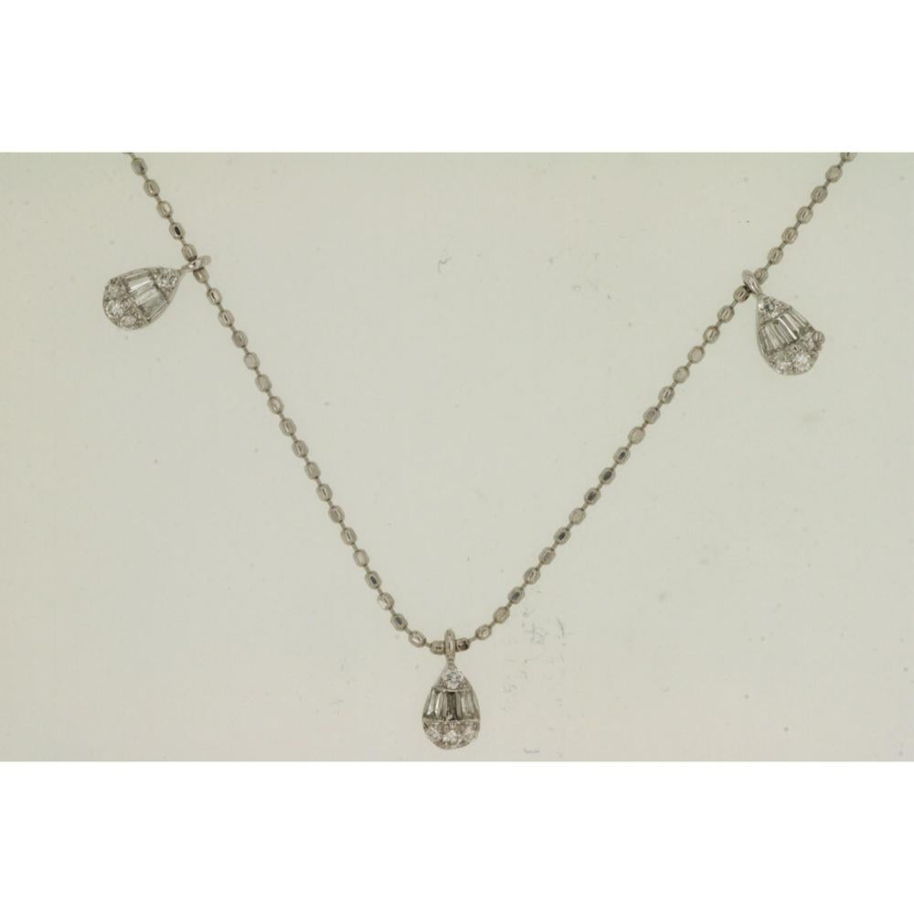 14K White Gold Diamond Station Necklace with Pear-Shaped Baguette and Round Diamond Drops - 0.52 Carat Total Diamond Weight - Royal Jewelry
