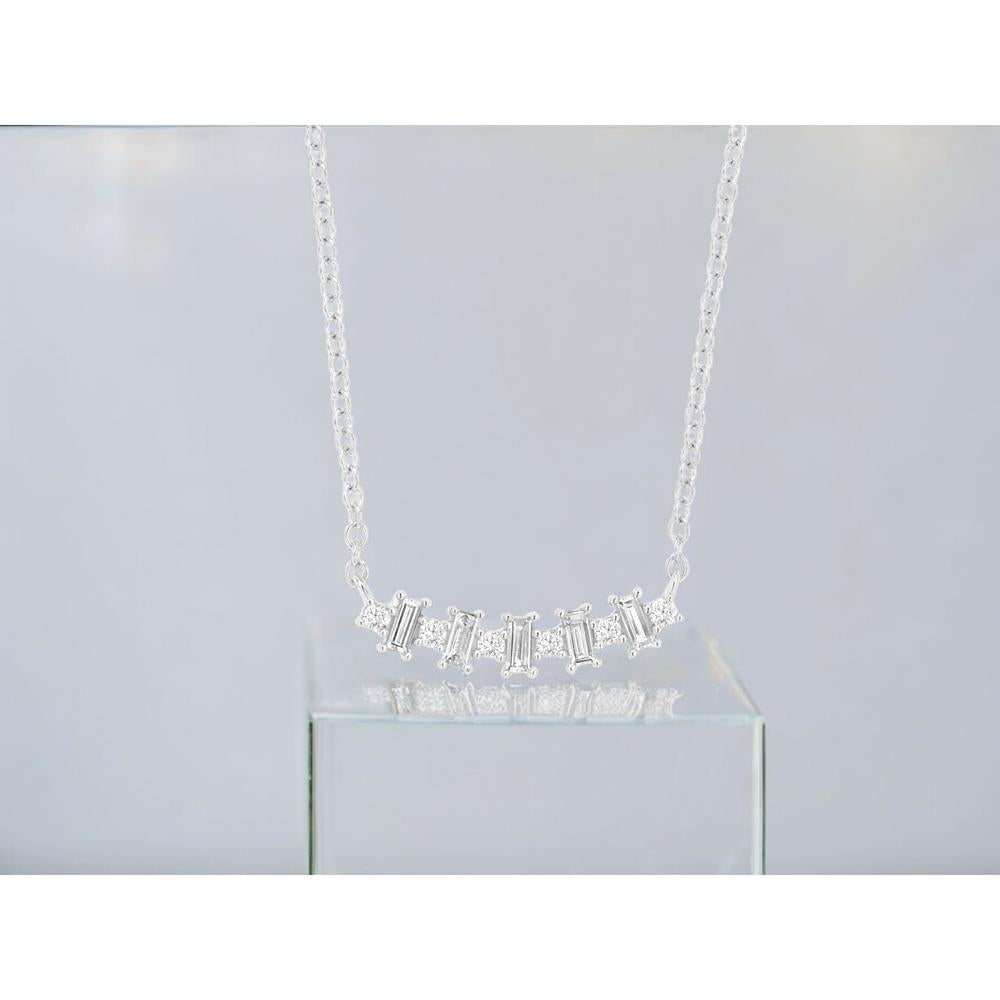14K White Gold Diamond Station Necklace with Round and Baguette Diamonds - 0.16 Carat Total Diamond Weight - Royal Jewelry