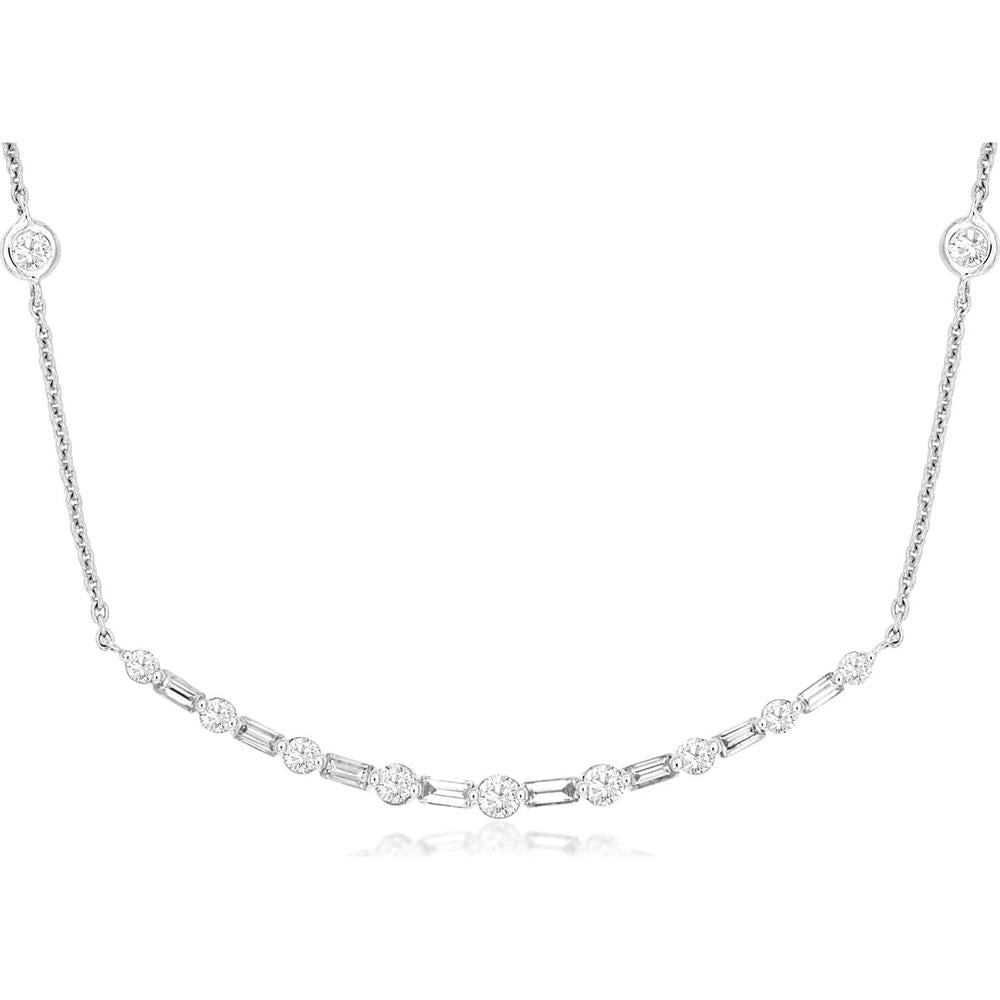 14K White Gold Diamond Station Necklace with Round and Baguette Style Diamonds - 0.70 Carat Total Diamond Weight - Royal Jewelry
