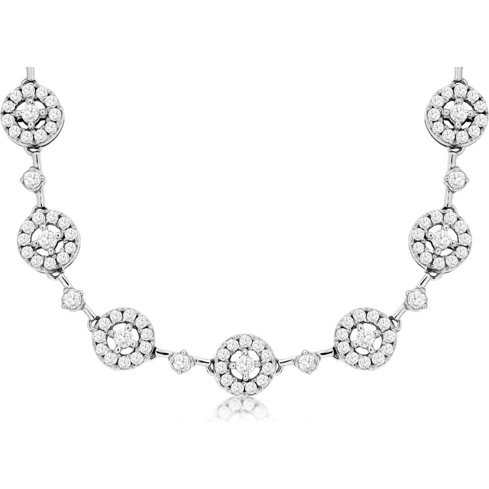 14K White Gold Diamond Station Necklace with Round Halo Cluster Links - 4.60 Carat Total Diamond Weight - Royal Jewelry