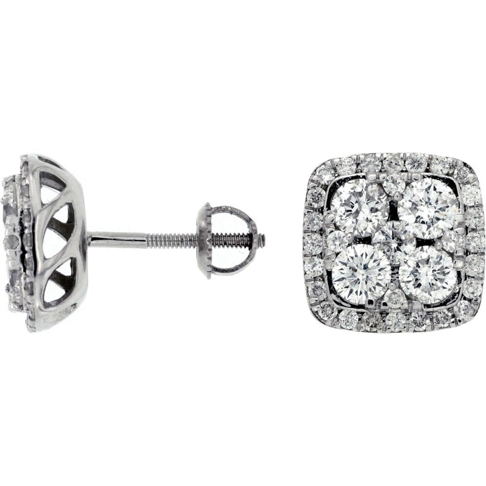 14K White Gold Diamond Stud Earrings with Cushion Shape Cluster and Diamond Halo - 2.00 Carats Total Diamond Weight