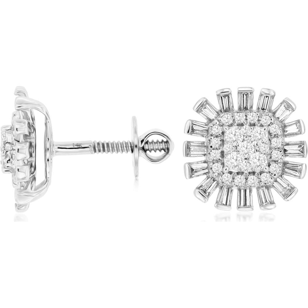 14K White Gold Diamond Stud Earrings with Round and Baguette Diamonds - 0.75 Carats Total Diamond Weight