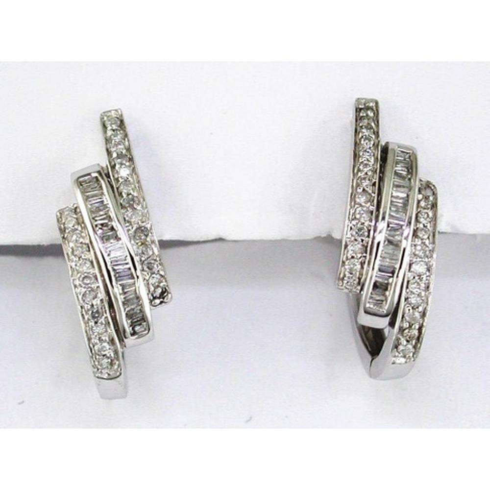 14K White Gold Diamond Swirl Earrings with Baguette and Round Diamonds - 0.90 Carats Total Diamond Weight