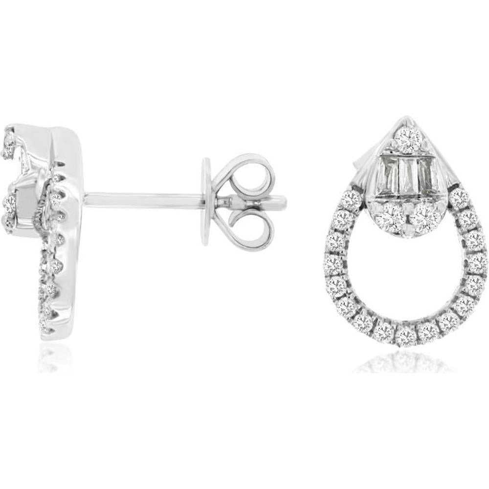 14K White Gold Diamond Teardrop Earrings with Emerald-Cut Diamond - 0.37 Carats Total Diamond Weight