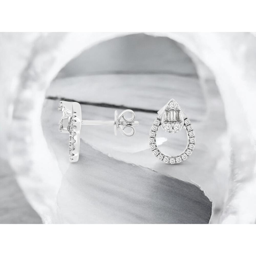14K White Gold Diamond Teardrop Earrings with Emerald-Cut Diamond - 0.37 Carats Total Diamond Weight