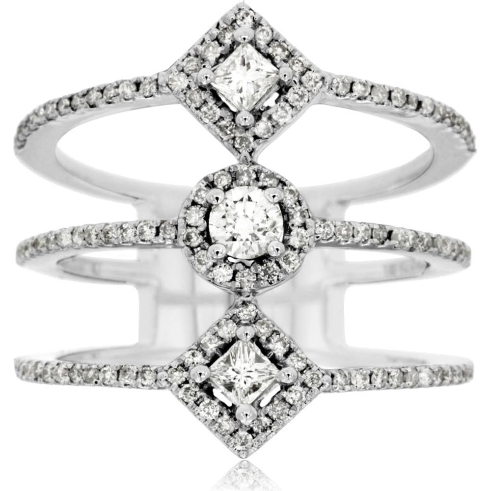 14K White Gold Diamond Three Stone Ring with Princess and Round Diamonds - 0.75 Carats Total Diamond Weight