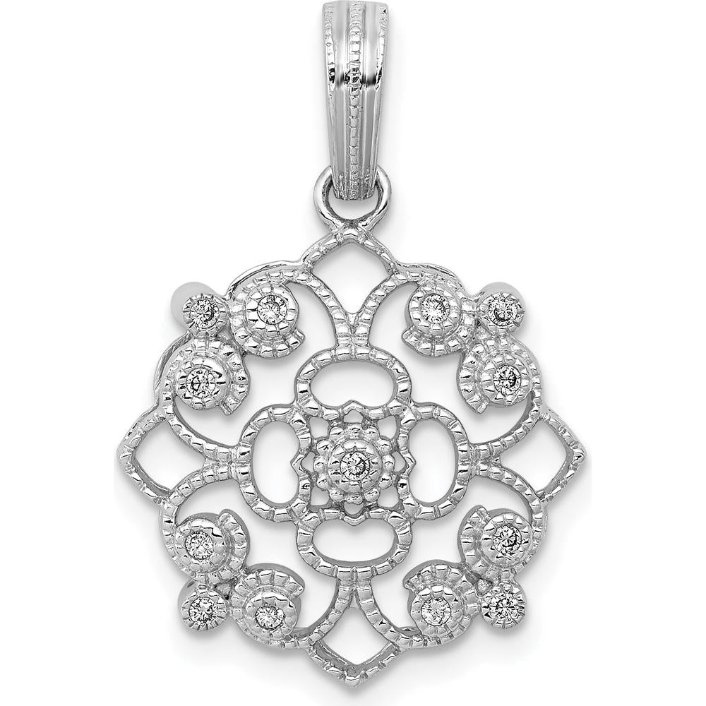 14K White Gold Diamond Vintage Filigree Pendant with 13 Round Natural Diamonds - 0.006 Carat Total Diamond Weight by Monteluci Fine Jewelry