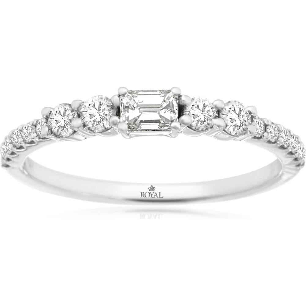 14K White Gold Diamond Wedding Band with 0.35 Carat Emerald Cut Center and Graduated Round Diamond Accents - Royal Jewelry