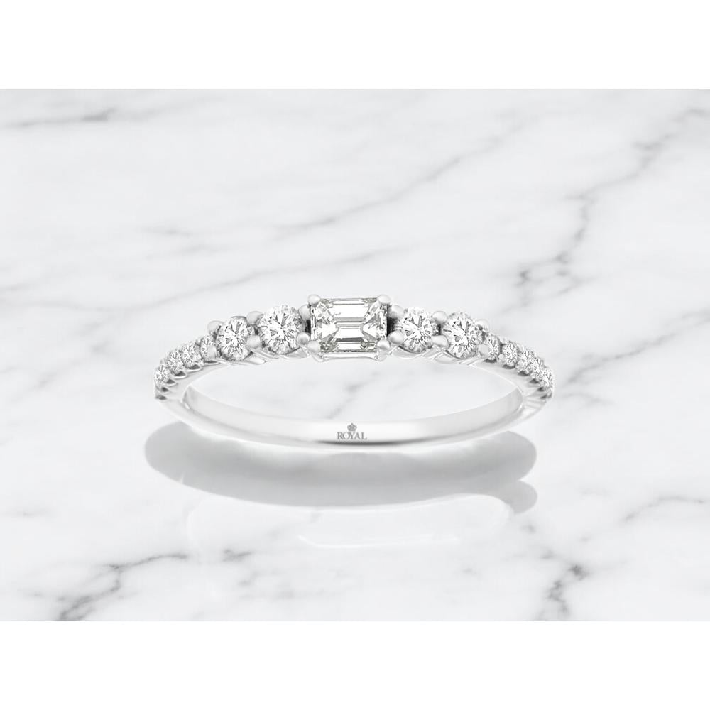14K White Gold Diamond Wedding Band with 0.35 Carat Emerald Cut Center and Graduated Round Diamond Accents - Royal Jewelry