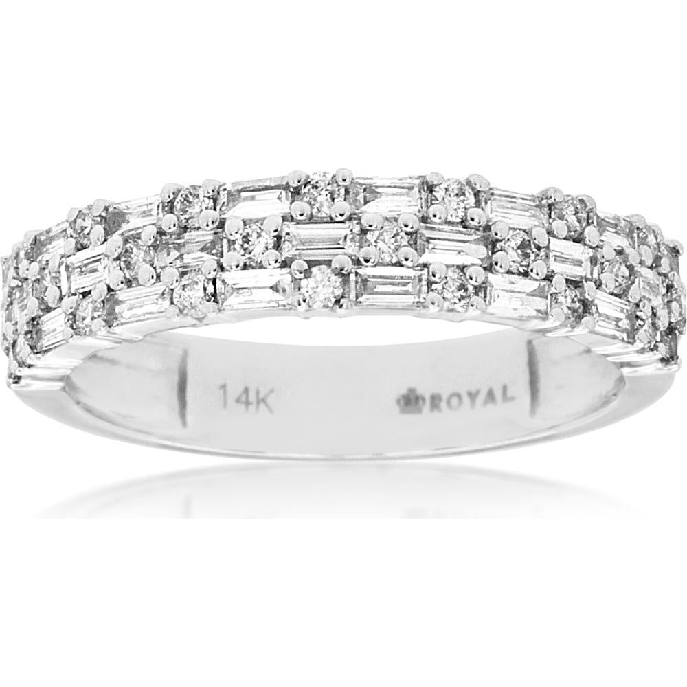 14K White Gold Diamond Wedding Band with Alternating Round and Baguette Cut Diamonds in Prong Settings - 0.62 Carat Total Diamond Weight - Royal Jewelry