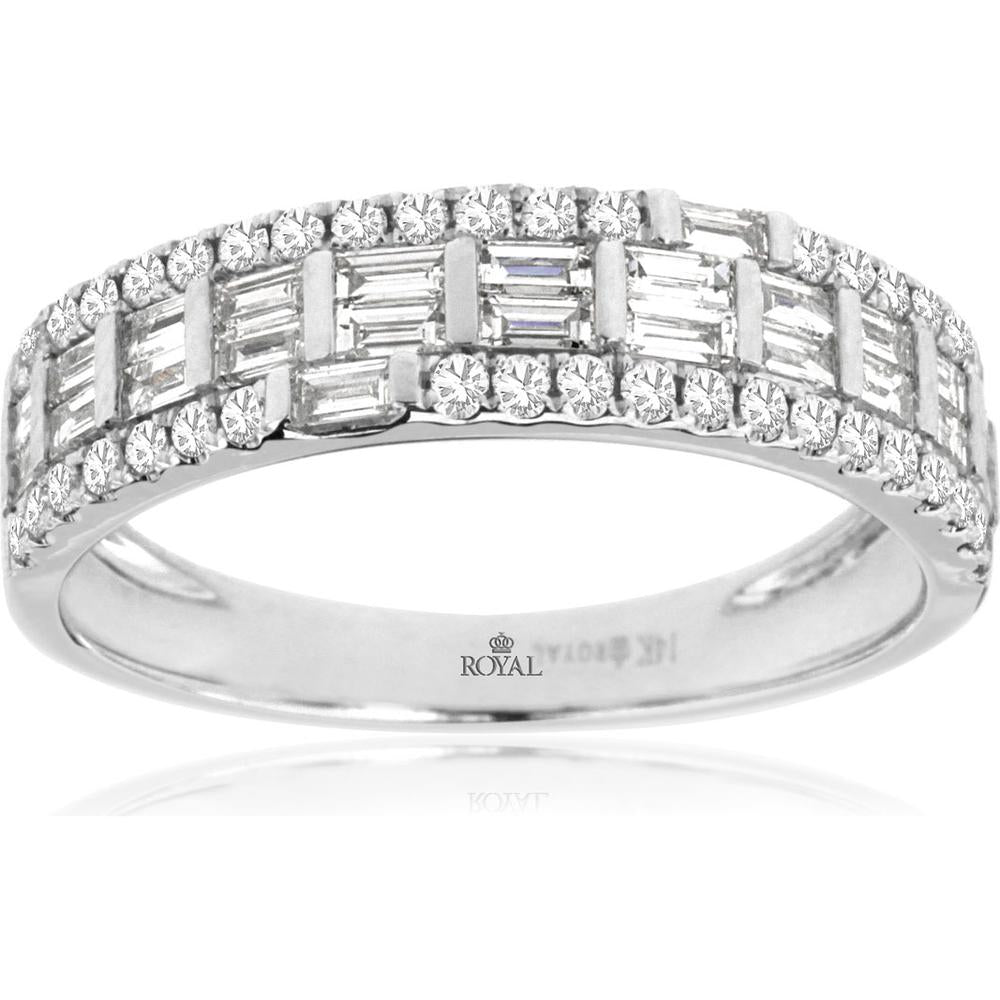 14K White Gold Diamond Wedding Band with Baguette and Round Cut Diamonds - 0.75 Carat Total Diamond Weight - Royal Jewelry
