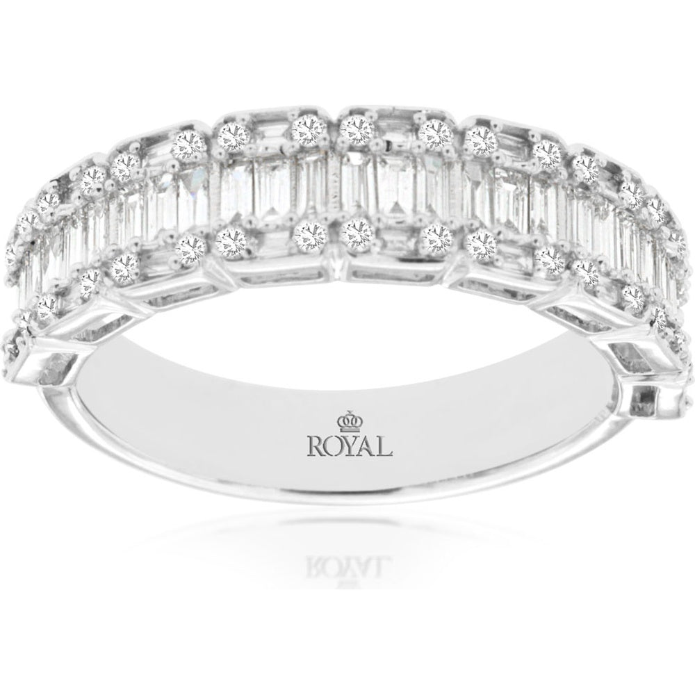 14K White Gold Diamond Wedding Band with Baguette and Round Diamonds - 0.80 Carat Total Diamond Weight - Royal Jewelry