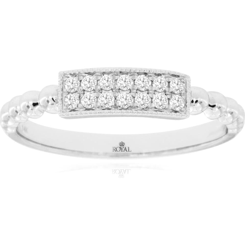 14K White Gold Diamond Wedding Band with Beaded Shoulders and Milgrain Detail - 0.12 Carat Total Diamond Weight - Royal Jewelry