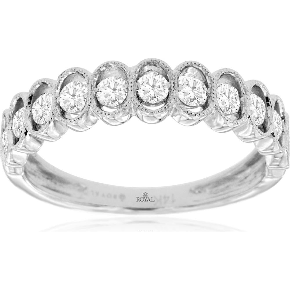 14K White Gold Diamond Wedding Band with Bezel Set Round Diamonds and Milgrain Detail - 0.50 Carat Total Diamond Weight - Royal Jewelry