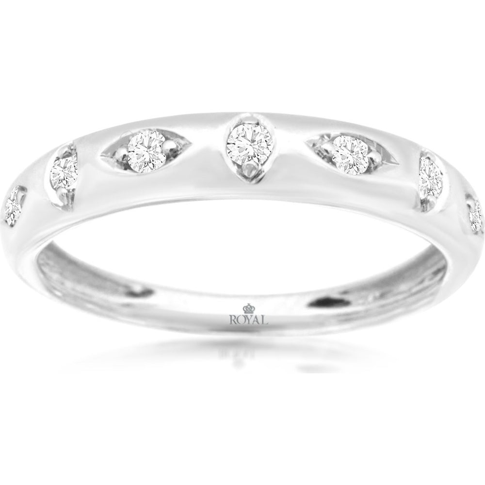14K White Gold Diamond Wedding Band with Bezel-Set Round Stones in Almond Cutouts - 0.15 Carat Total Diamond Weight - Royal Jewelry