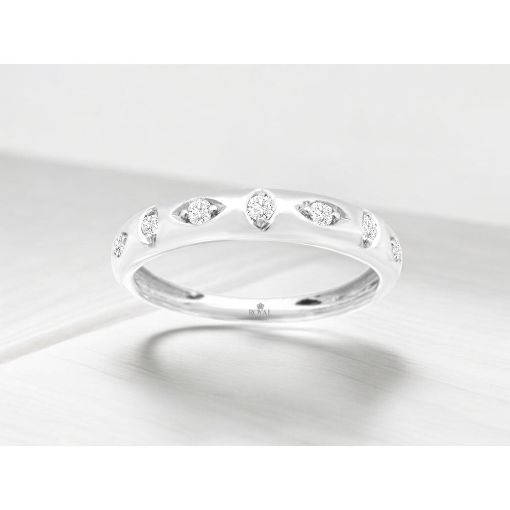 14K White Gold Diamond Wedding Band with Bezel-Set Round Stones in Almond Cutouts - 0.15 Carat Total Diamond Weight - Royal Jewelry