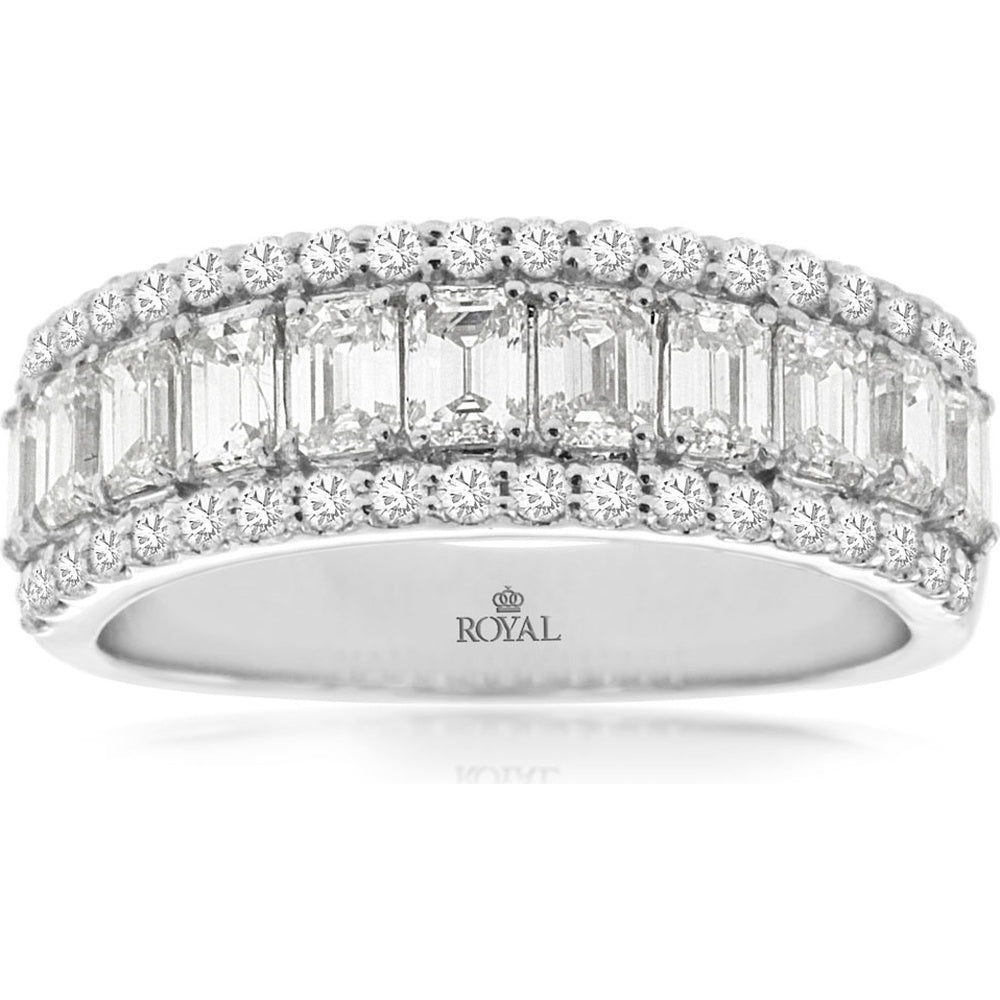 14K White Gold Diamond Wedding Band with Emerald-Cut Center Row and Round Diamond Borders - 2.00 Carat Total Diamond Weight - Royal Jewelry