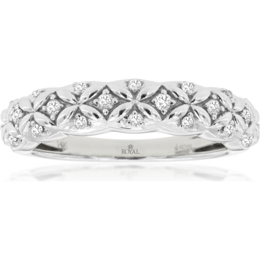 14K White Gold Diamond Wedding Band with Floral Milgrain Detail - 0.20 Carats Total Diamond Weight