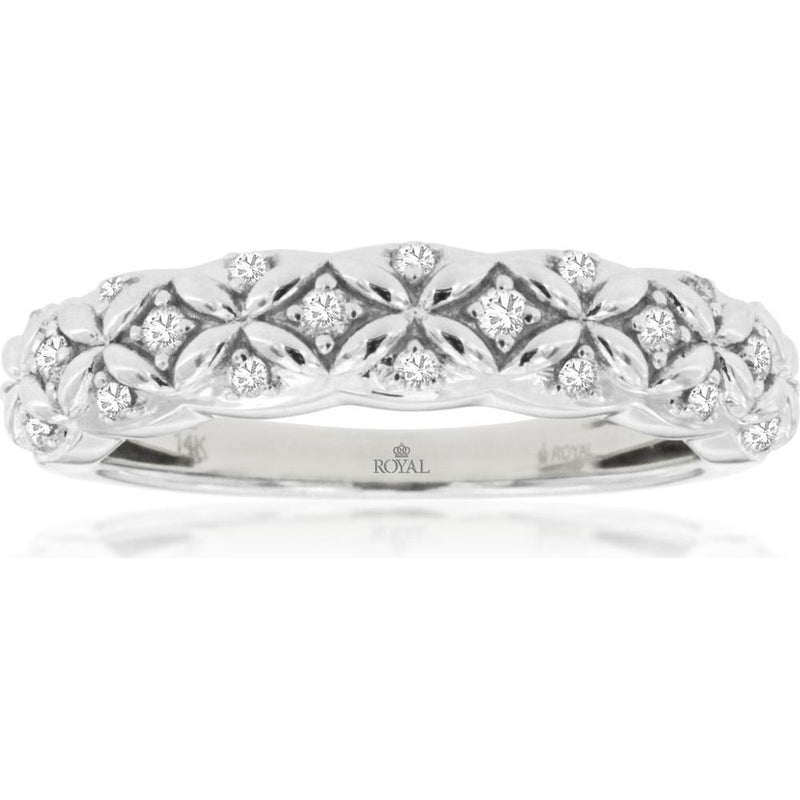 14K White Gold Diamond Wedding Band with Floral Milgrain Detail - 0.20 Carats Total Diamond Weight