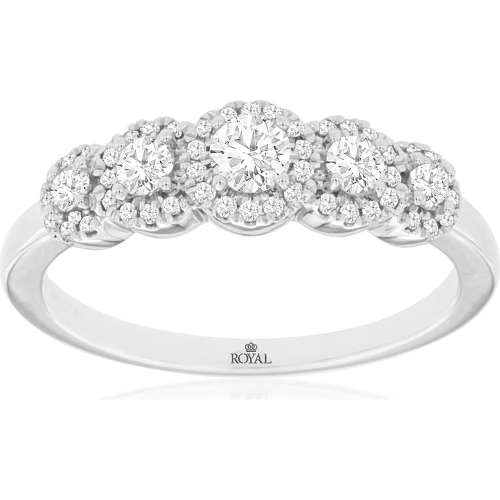 14K White Gold Diamond Wedding Band with Graduated Round Halo Clusters - 0.50 Carat Total Diamond Weight - Royal Jewelry