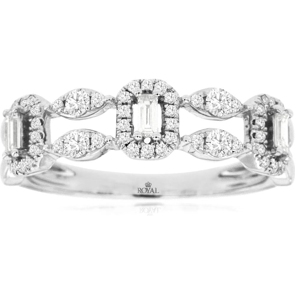 14K White Gold Diamond Wedding Band with Halo-Set Baguette Centers and Round Diamond Links - 0.36 Carat Total Diamond Weight - Royal Jewelry