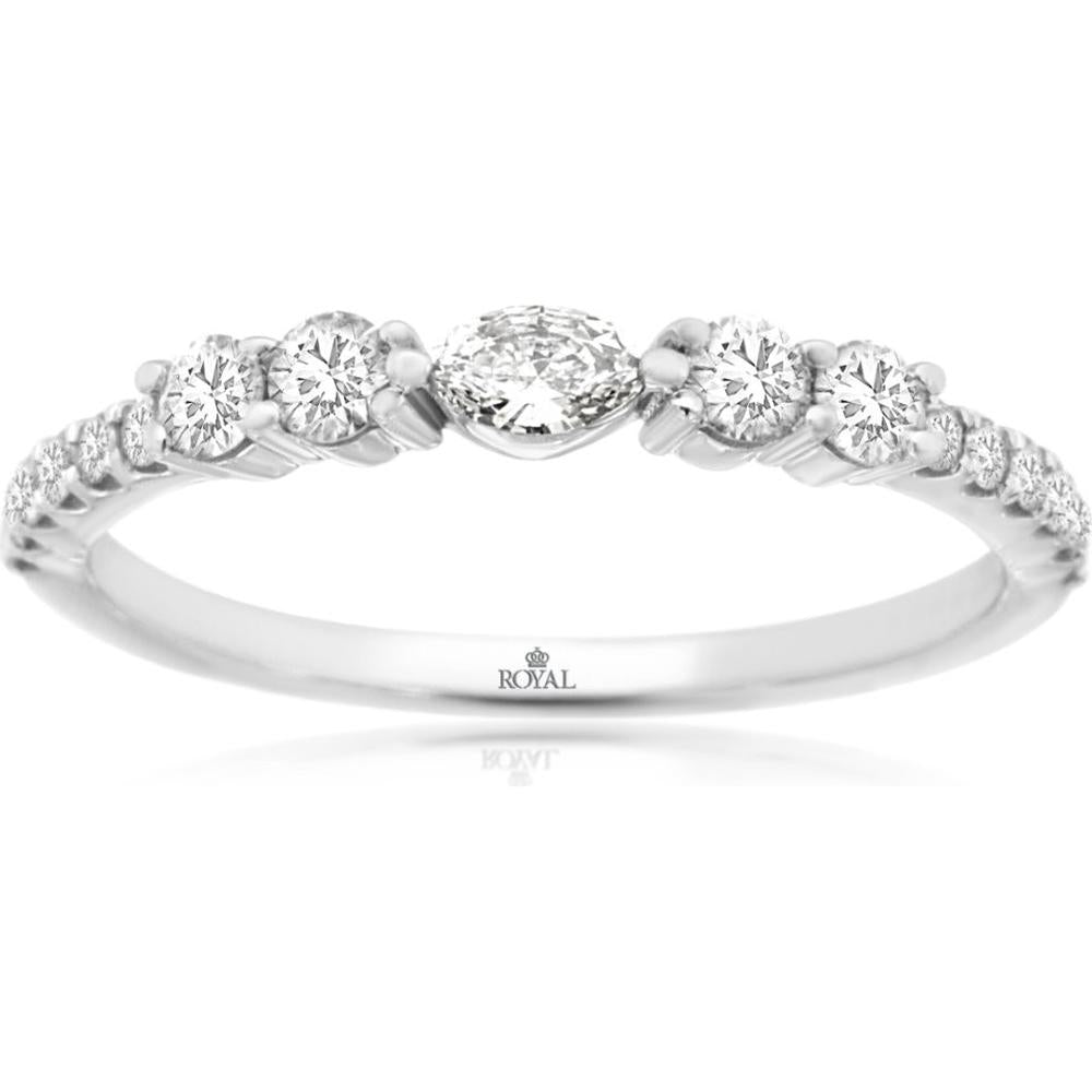 14K White Gold Diamond Wedding Band with Marquise Cut Center Diamond and Graduating Round Brilliant Side Stones - 0.35 Carat Center Stone - Royal Jewelry
