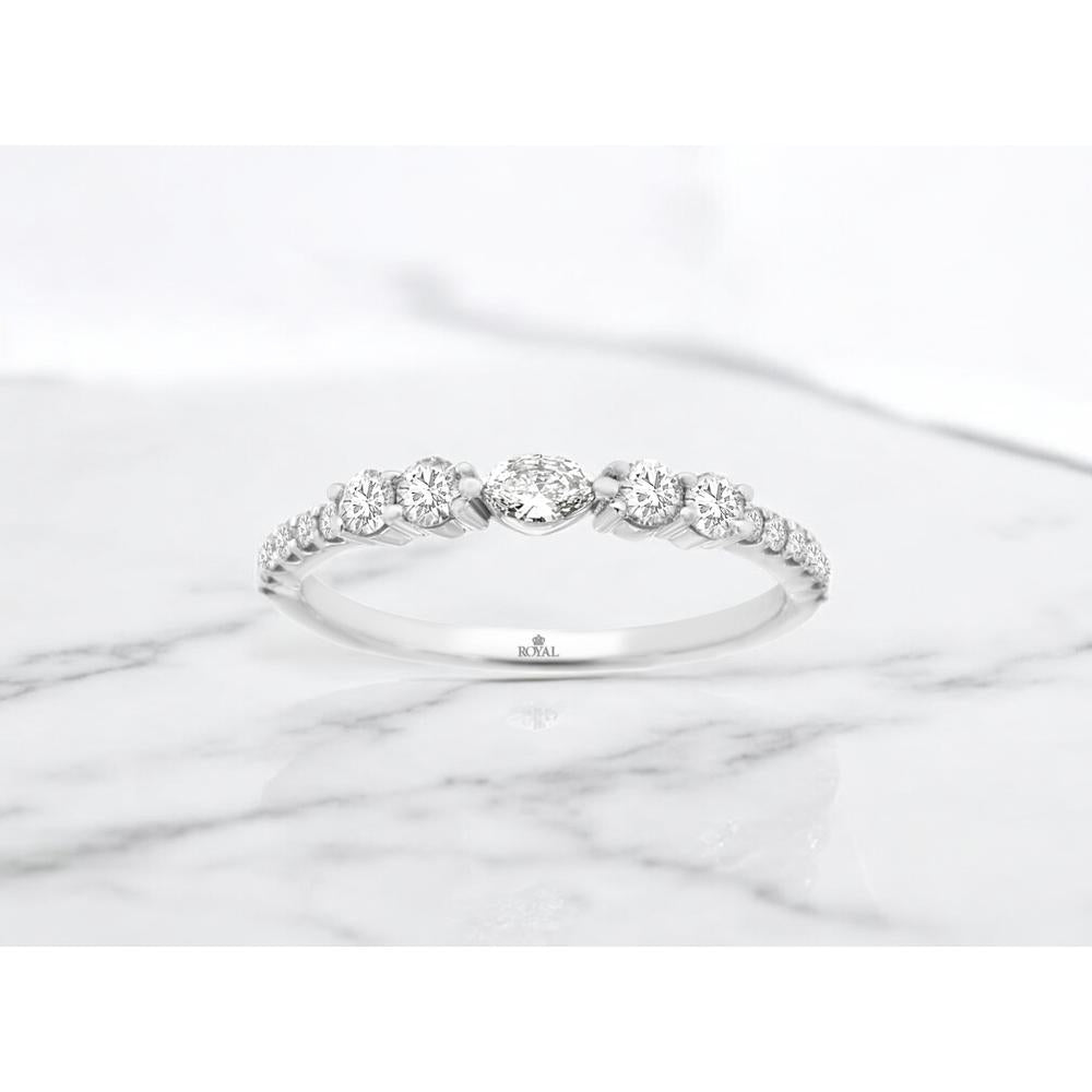 14K White Gold Diamond Wedding Band with Marquise Cut Center Diamond and Graduating Round Brilliant Side Stones - 0.35 Carat Center Stone - Royal Jewelry