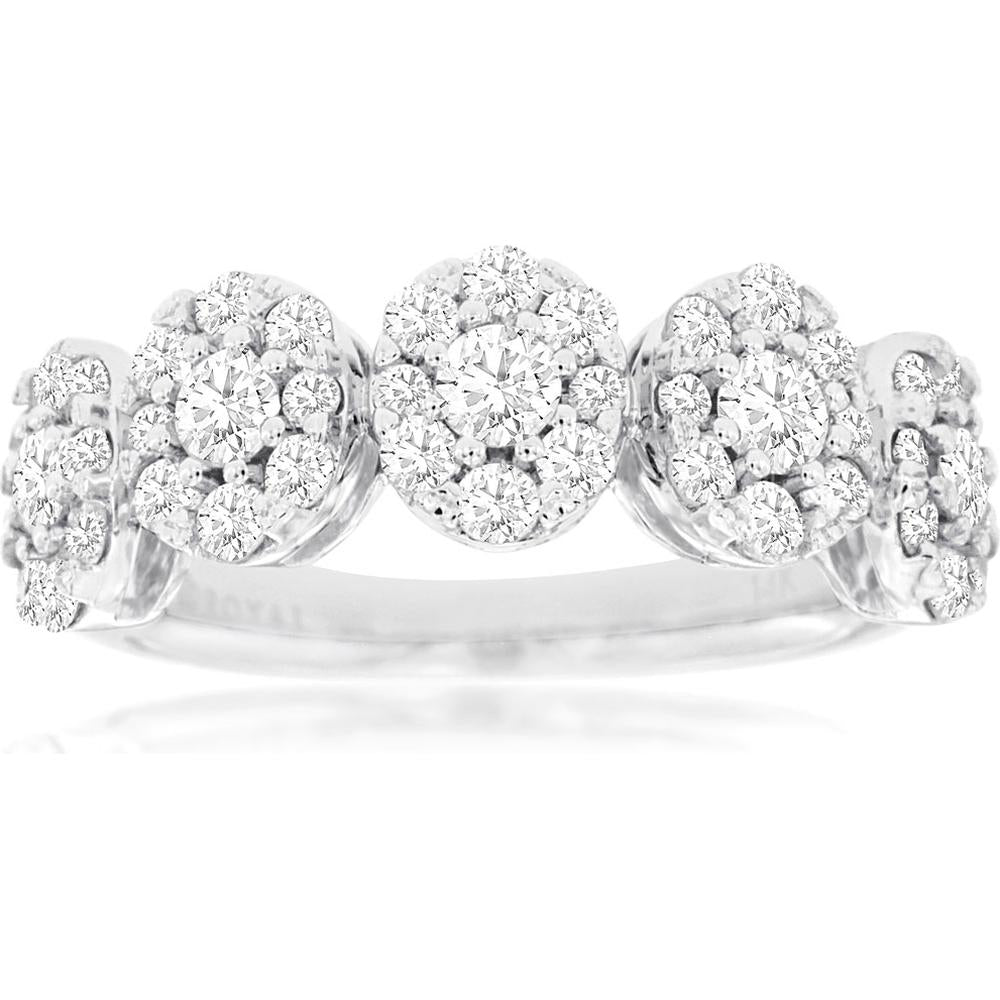 14K White Gold Diamond Wedding Band with Milgrain and Prong Set Diamond Clusters - 1.40 Carats Total Diamond Weight