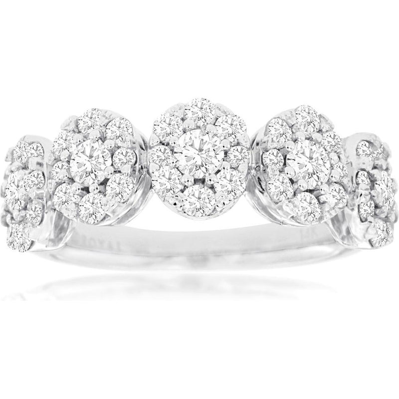 14K White Gold Diamond Wedding Band with Milgrain and Prong Set Diamond Clusters - 1.40 Carats Total Diamond Weight